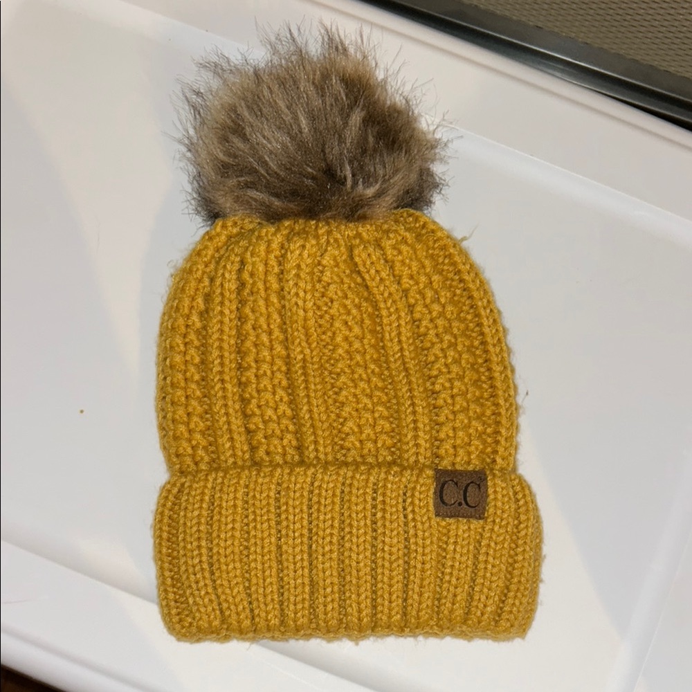 C.C Mustard Knit Beanie with Faux Fur Pom